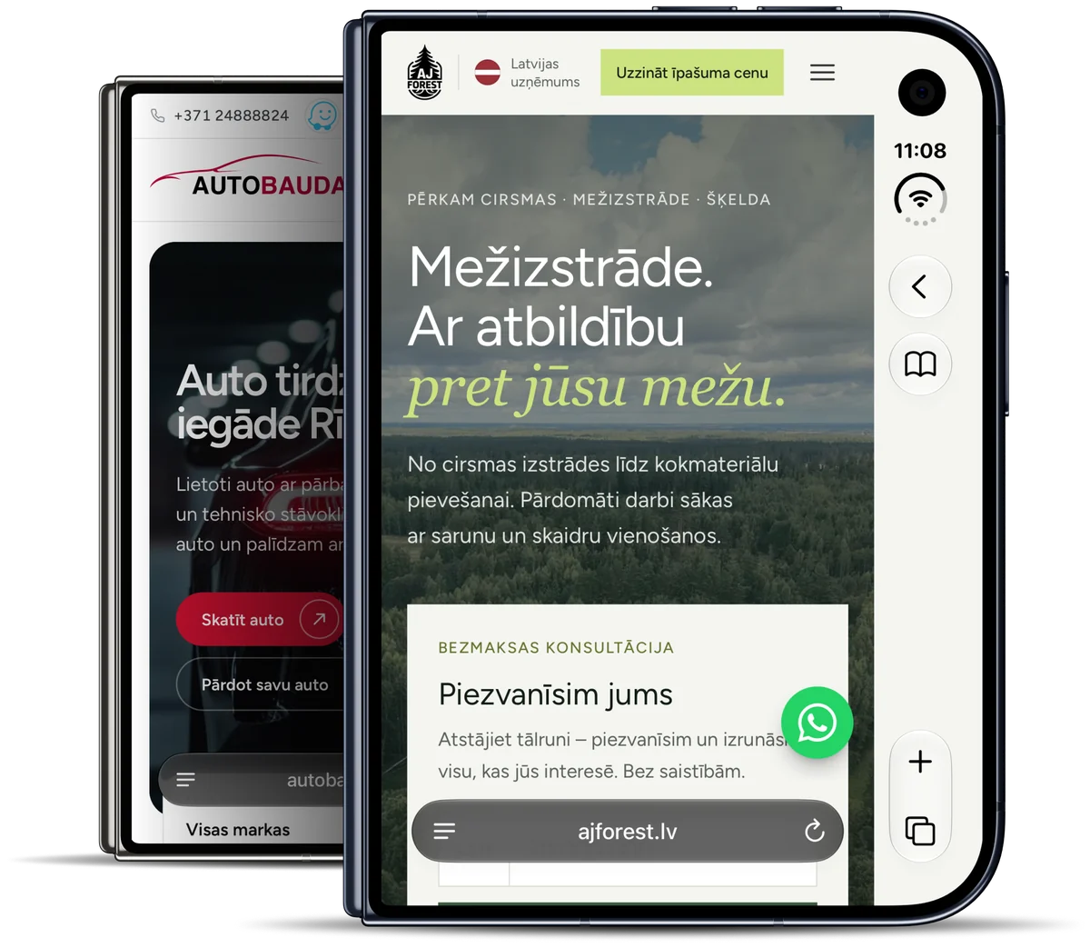 Mūsu izstrādātās mājaslapas telefonā - ajforest.lv un autobauda.lv
